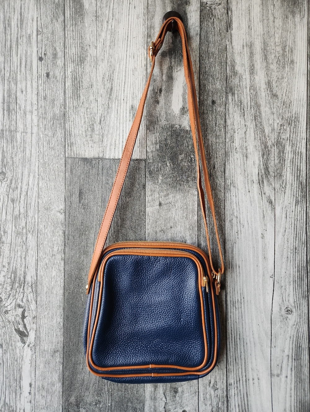 Valentina Genuine Leather Crossbody Handbag Purse Dark Blue Brown Made In Italy - Picture 5 of 13